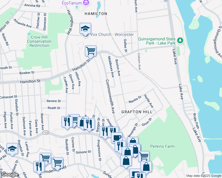 map of restaurants, bars, coffee shops, grocery stores, and more near 69 Commonwealth Avenue in Worcester