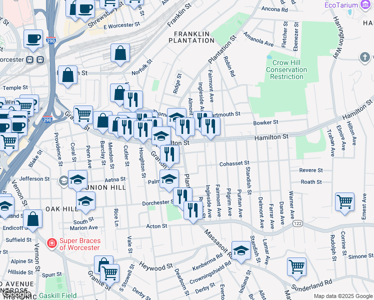 map of restaurants, bars, coffee shops, grocery stores, and more near 15 Caroline Street in Worcester