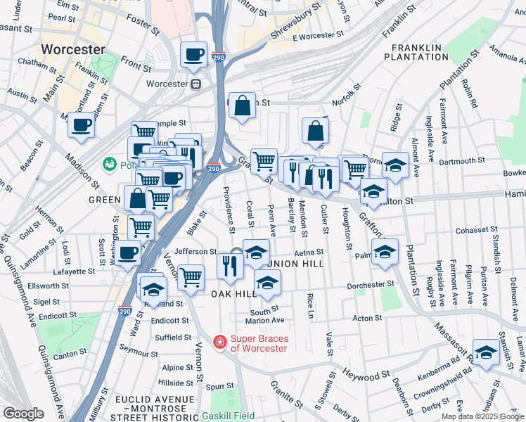 map of restaurants, bars, coffee shops, grocery stores, and more near 41 Coral Street in Worcester