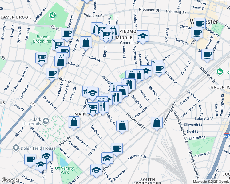map of restaurants, bars, coffee shops, grocery stores, and more near 1 May Street in Worcester