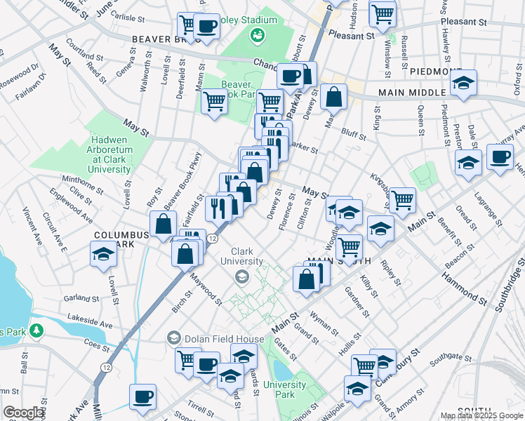 map of restaurants, bars, coffee shops, grocery stores, and more near 204 Dewey Street in Worcester