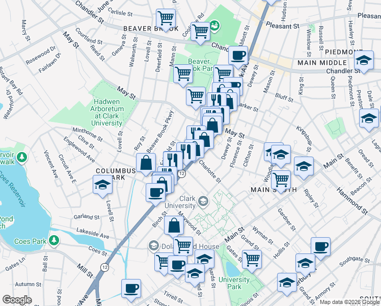 map of restaurants, bars, coffee shops, grocery stores, and more near 458 Park Avenue in Worcester