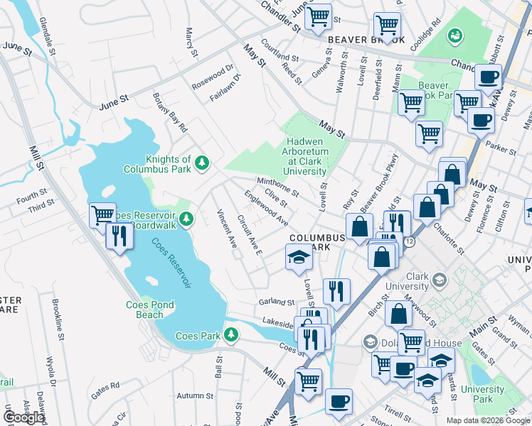 map of restaurants, bars, coffee shops, grocery stores, and more near 5 Lisbon Street in Worcester
