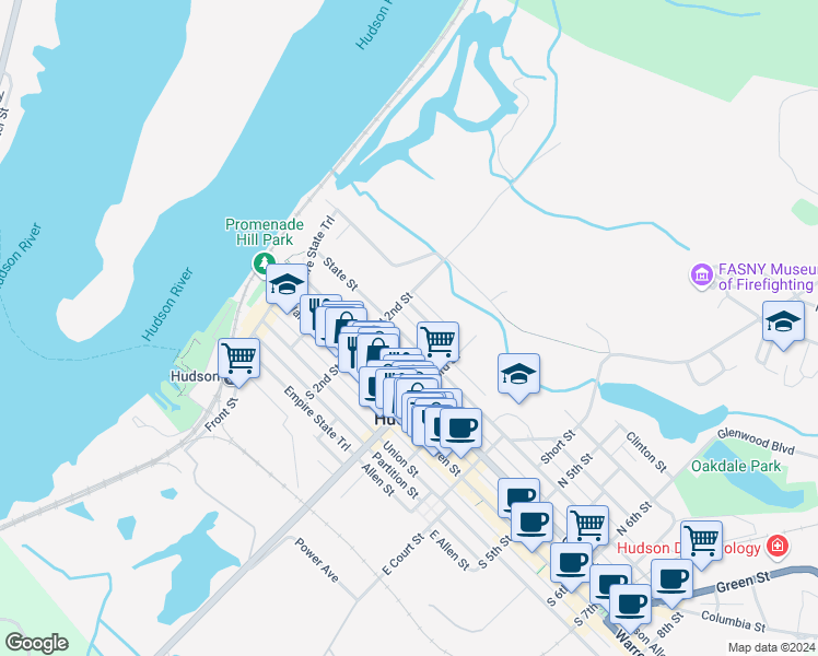 map of restaurants, bars, coffee shops, grocery stores, and more near 221-223 State Street in Hudson