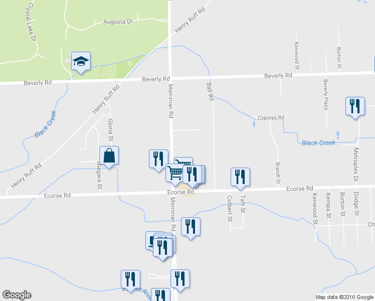 map of restaurants, bars, coffee shops, grocery stores, and more near 6785 Merriman Road in Romulus