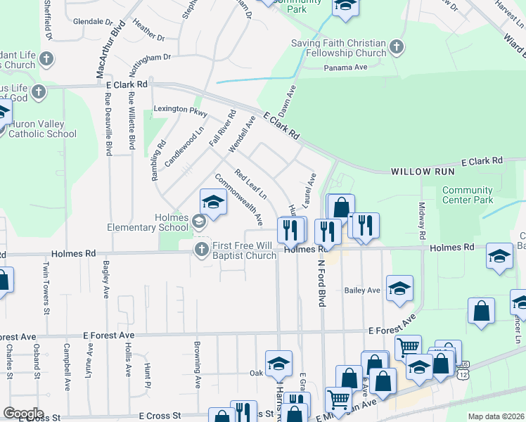 map of restaurants, bars, coffee shops, grocery stores, and more near 1039 Commonwealth Avenue in Ypsilanti