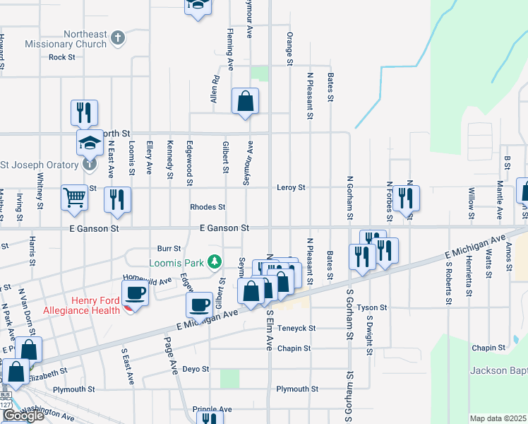 map of restaurants, bars, coffee shops, grocery stores, and more near 1502 East Ganson Street in Jackson