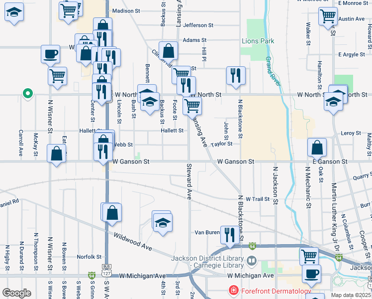 map of restaurants, bars, coffee shops, grocery stores, and more near 508 West Ganson Street in Jackson