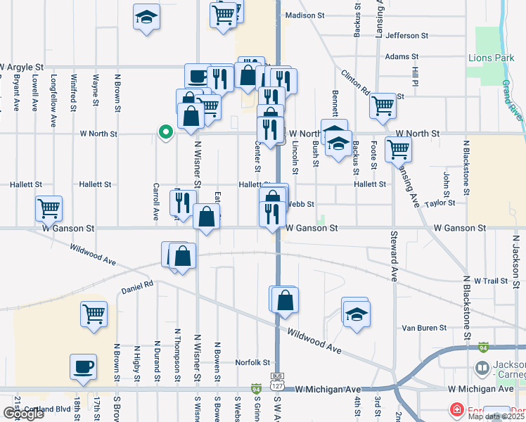 map of restaurants, bars, coffee shops, grocery stores, and more near 808 West Ganson Street in Jackson