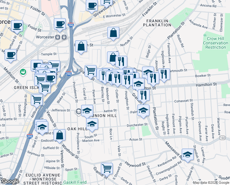 map of restaurants, bars, coffee shops, grocery stores, and more near 10 Cutler Street in Worcester
