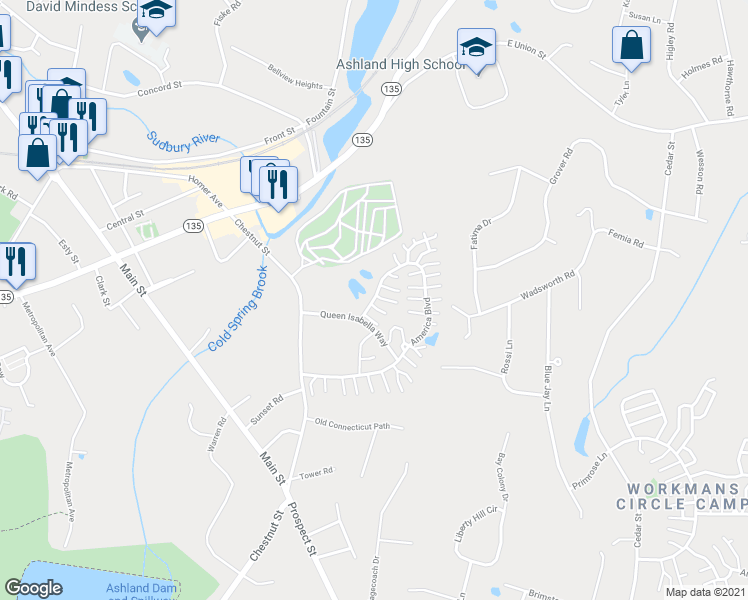 map of restaurants, bars, coffee shops, grocery stores, and more near 317 America Boulevard in Ashland