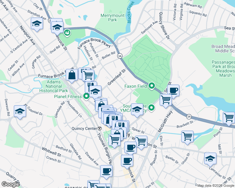 map of restaurants, bars, coffee shops, grocery stores, and more near 10 Edgewood Circle in Quincy