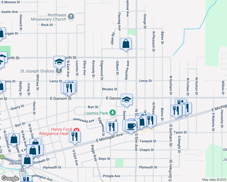 map of restaurants, bars, coffee shops, grocery stores, and more near 1406 East Ganson Street in Jackson