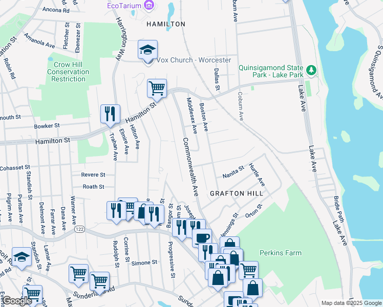 map of restaurants, bars, coffee shops, grocery stores, and more near 69 Commonwealth Avenue in Worcester