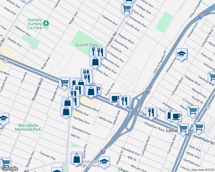 map of restaurants, bars, coffee shops, grocery stores, and more near 1783 Hanover Street in Lincoln Park