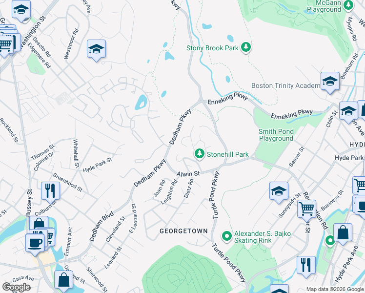 map of restaurants, bars, coffee shops, grocery stores, and more near 47 Stonehill Road in Boston