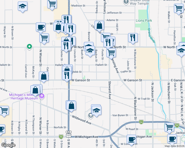 map of restaurants, bars, coffee shops, grocery stores, and more near 622 West Ganson Street in Jackson