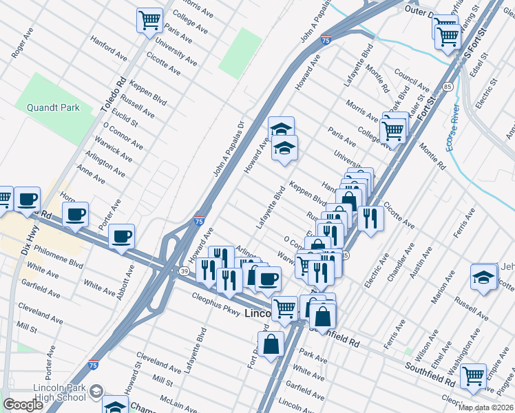 map of restaurants, bars, coffee shops, grocery stores, and more near 1576 Lafayette Boulevard in Lincoln Park
