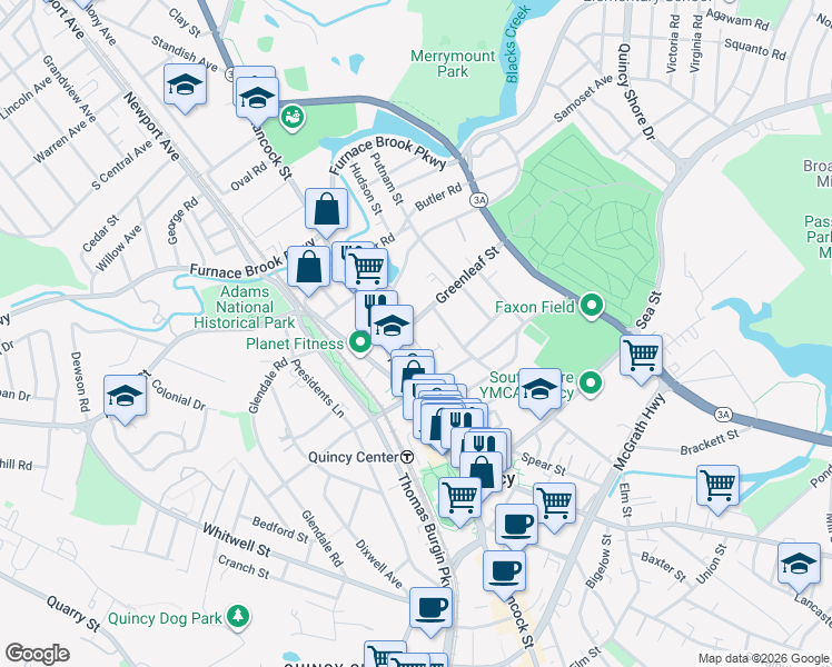 map of restaurants, bars, coffee shops, grocery stores, and more near 1098 Hancock Street in Quincy