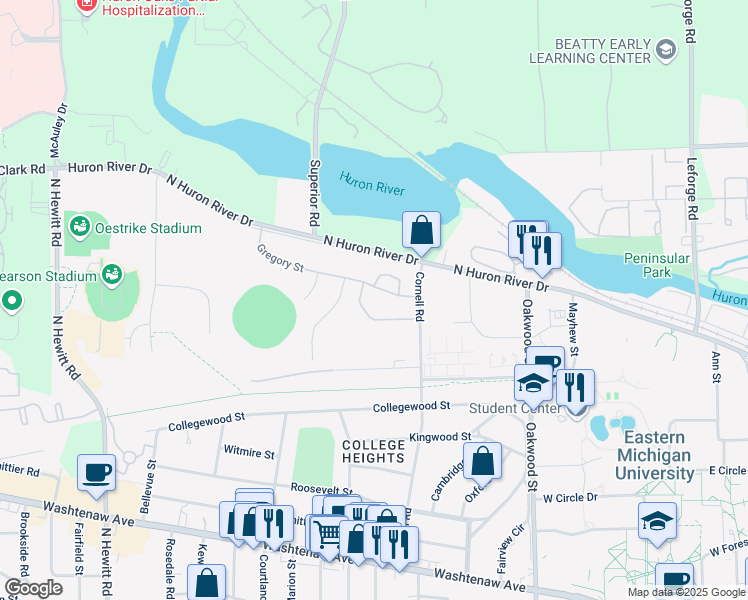 map of restaurants, bars, coffee shops, grocery stores, and more near 1455 Gregory Street in Ypsilanti