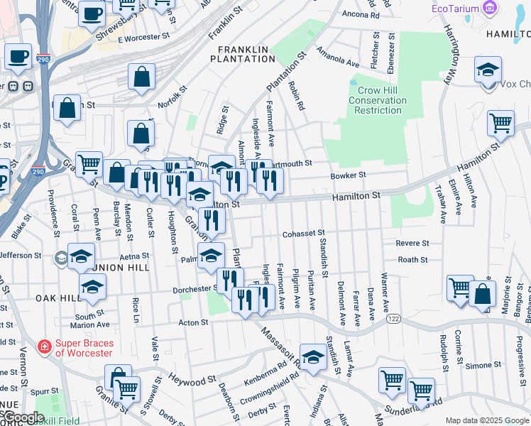 map of restaurants, bars, coffee shops, grocery stores, and more near 113 Ingleside Avenue in Worcester