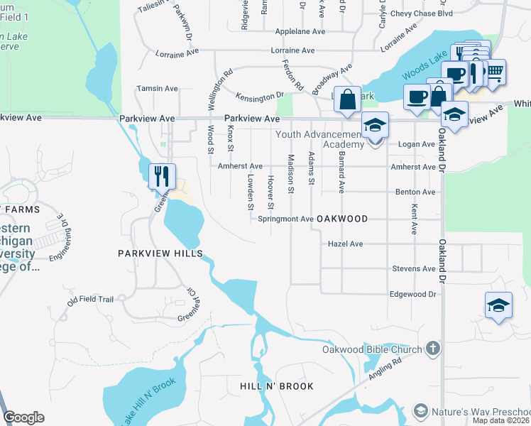 map of restaurants, bars, coffee shops, grocery stores, and more near 3731 Hoover Street in Kalamazoo