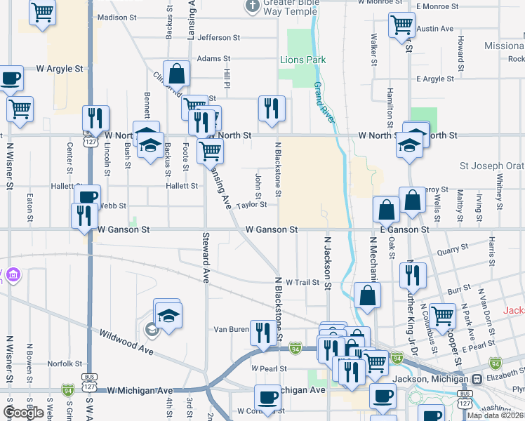 map of restaurants, bars, coffee shops, grocery stores, and more near 308 West Ganson Street in Jackson