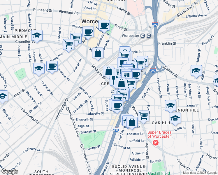 map of restaurants, bars, coffee shops, grocery stores, and more near 149 Washington Street in Worcester