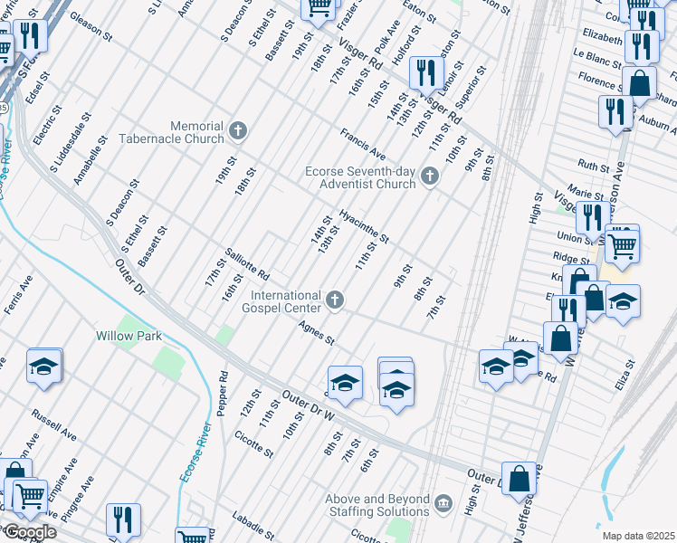 map of restaurants, bars, coffee shops, grocery stores, and more near 3999 11th Street in Ecorse