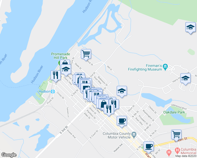 map of restaurants, bars, coffee shops, grocery stores, and more near 223 Robinson Street in Hudson