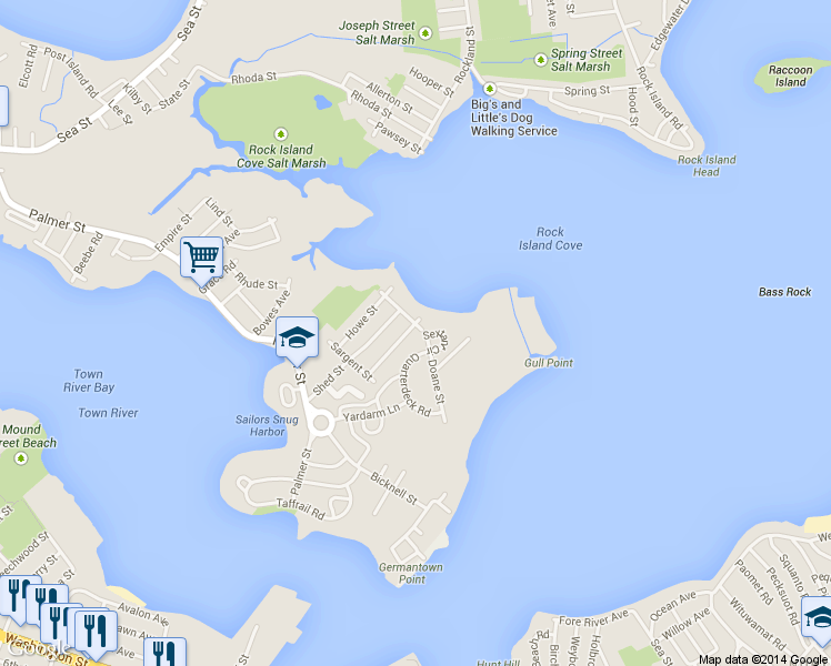 map of restaurants, bars, coffee shops, grocery stores, and more near 9 Quarterdeck Road in Quincy