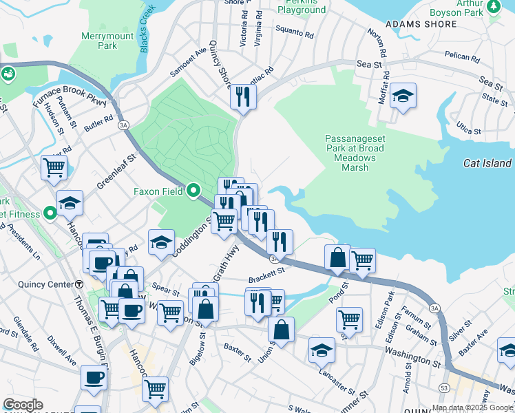map of restaurants, bars, coffee shops, grocery stores, and more near 17-25 Broad Street in Quincy