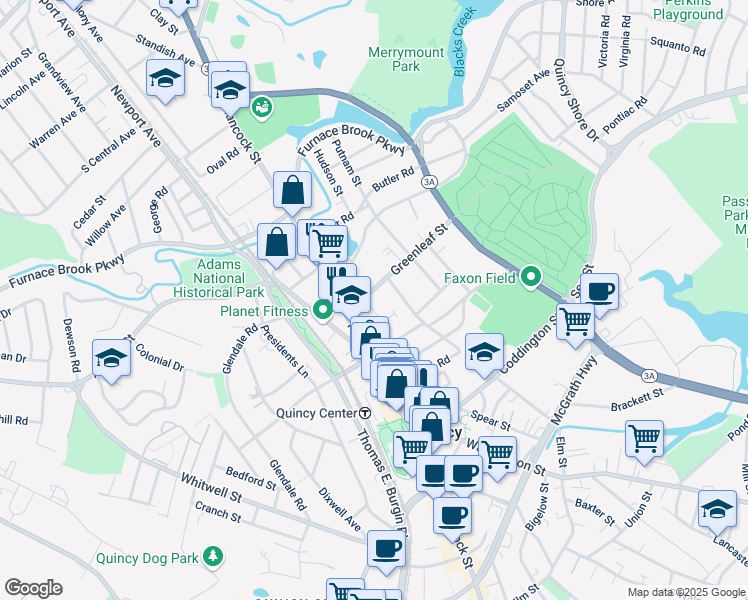 map of restaurants, bars, coffee shops, grocery stores, and more near 1098 Hancock Street in Quincy