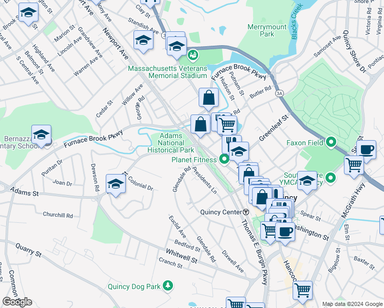 map of restaurants, bars, coffee shops, grocery stores, and more near 5 Glendale Road in Quincy