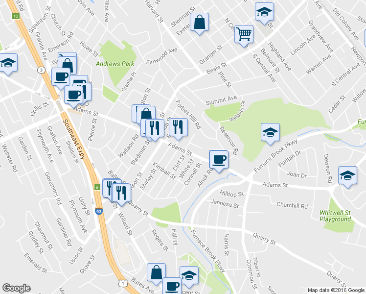 map of restaurants, bars, coffee shops, grocery stores, and more near 11 Cliff Street in Quincy