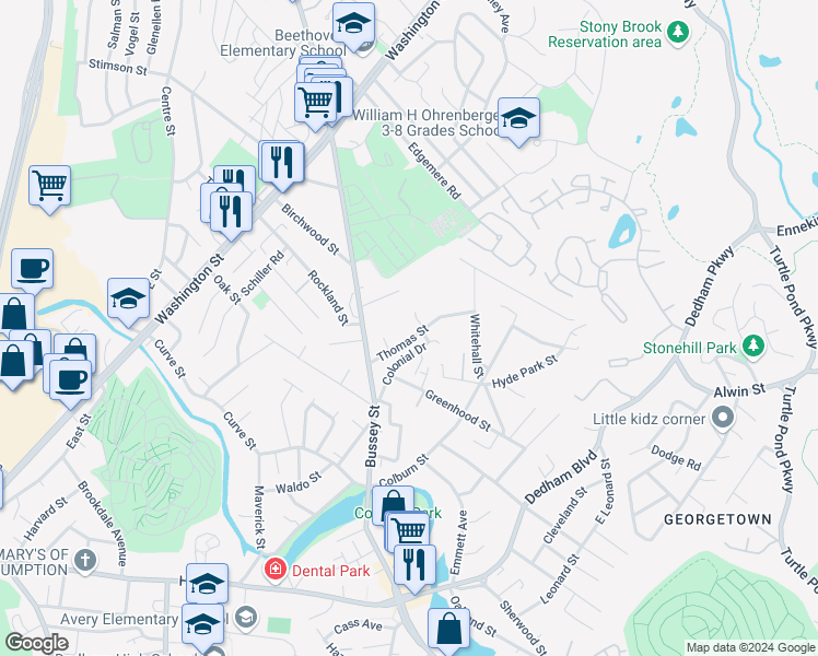 map of restaurants, bars, coffee shops, grocery stores, and more near 70 Thomas Street in Dedham
