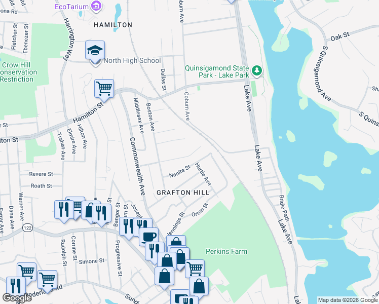 map of restaurants, bars, coffee shops, grocery stores, and more near 55 Nanita Street in Worcester