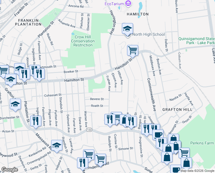 map of restaurants, bars, coffee shops, grocery stores, and more near 221 Cohasset Street in Worcester