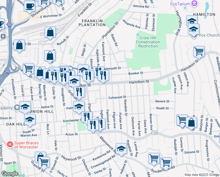 map of restaurants, bars, coffee shops, grocery stores, and more near 146 Fairmont Avenue in Worcester