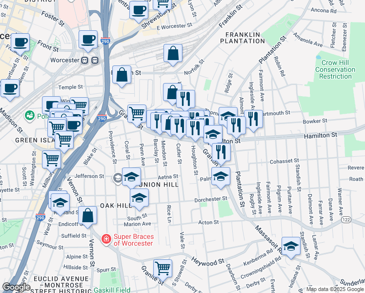 map of restaurants, bars, coffee shops, grocery stores, and more near 21 Cutler Street in Worcester