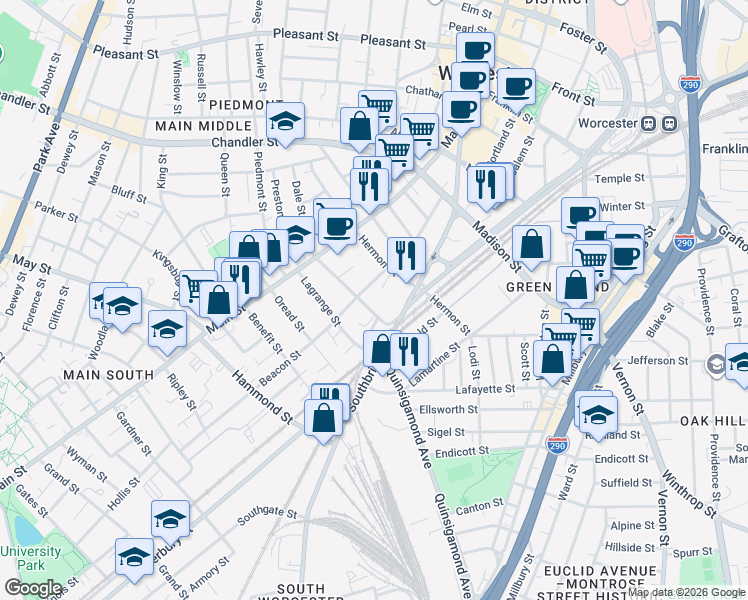 map of restaurants, bars, coffee shops, grocery stores, and more near 295 Southbridge Street in Worcester