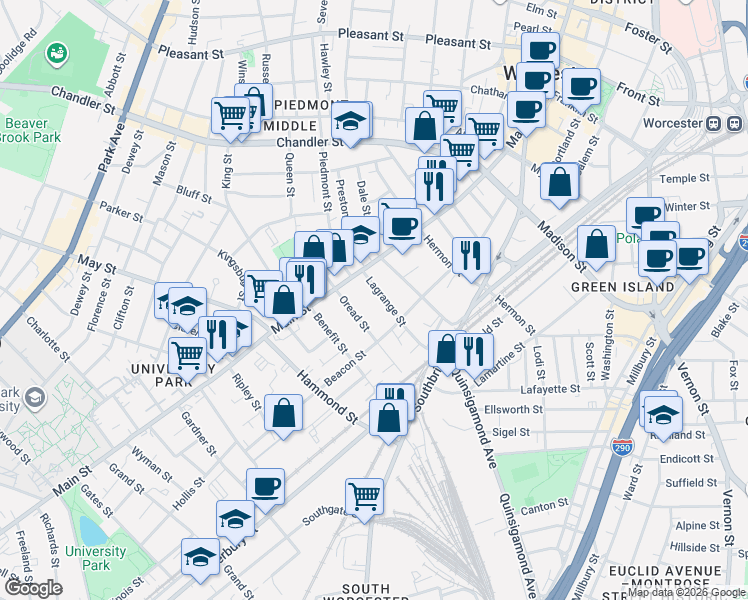 map of restaurants, bars, coffee shops, grocery stores, and more near 22 Lagrange Street in Worcester