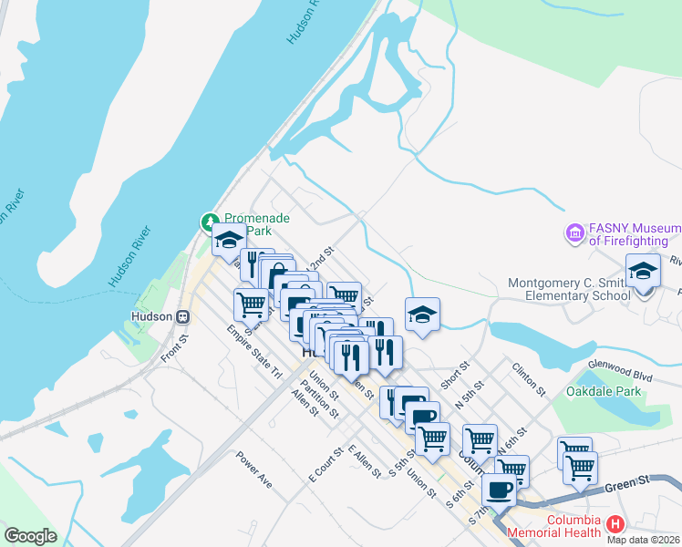 map of restaurants, bars, coffee shops, grocery stores, and more near 221-223 State Street in Hudson