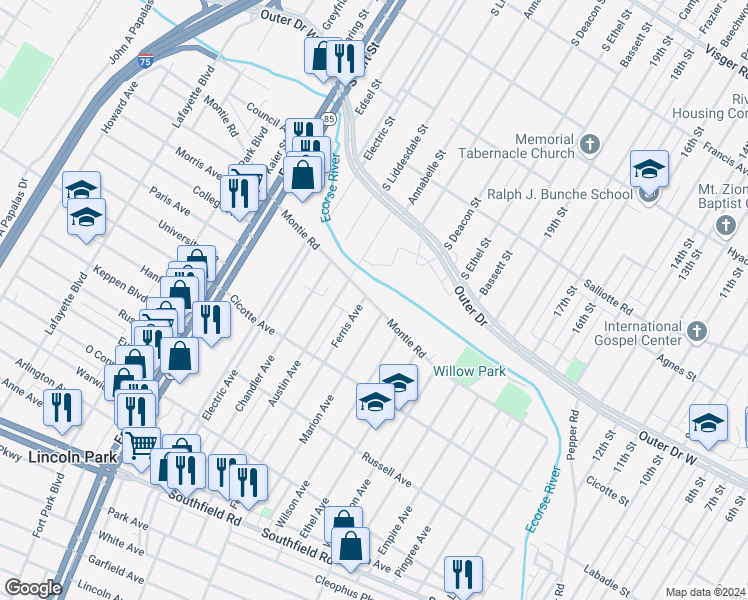 map of restaurants, bars, coffee shops, grocery stores, and more near 1233 Ferris Avenue in Lincoln Park
