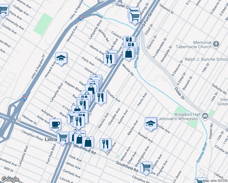 map of restaurants, bars, coffee shops, grocery stores, and more near 1356 Electric Avenue in Lincoln Park