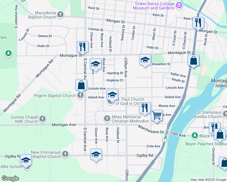 map of restaurants, bars, coffee shops, grocery stores, and more near 1003 Island Avenue in Rockford