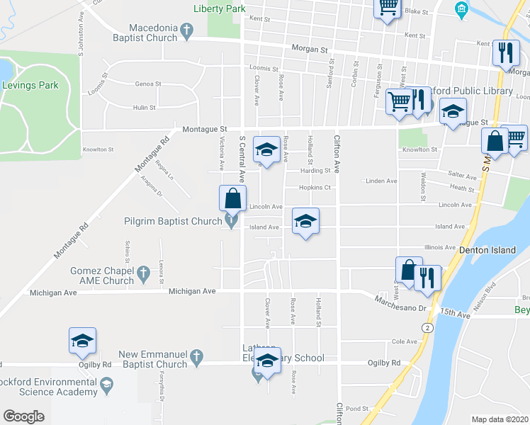 map of restaurants, bars, coffee shops, grocery stores, and more near 1203 Island Avenue in Rockford