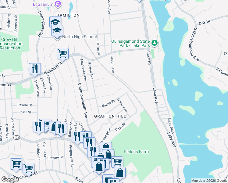 map of restaurants, bars, coffee shops, grocery stores, and more near 55 Nanita Street in Worcester