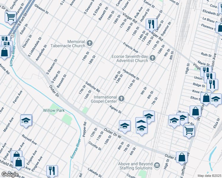map of restaurants, bars, coffee shops, grocery stores, and more near 4014 12th Street in Ecorse