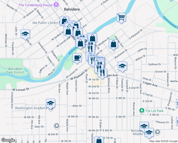 map of restaurants, bars, coffee shops, grocery stores, and more near 111 West 1st Street in Belvidere